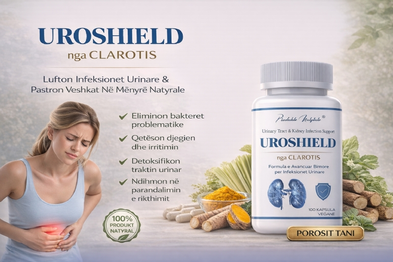 UROSHIELD suplement bimor nga CLAROTIS per pastrim veshkash, suplement per shendetin e veshkave, trajtim infeksion urinar tek femrat, kapsula per djegie urinare, trajtim inflamacion fshikeze, produkt per shendetin renal, trajtim uretrit natyral